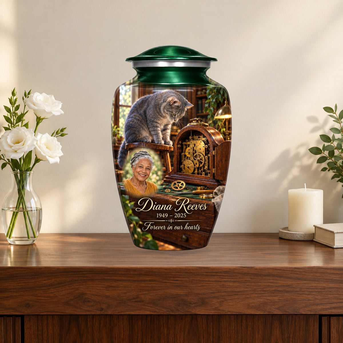Clockmaker Bench personalized cat urn in a styled memorial display; decorative props are not included.