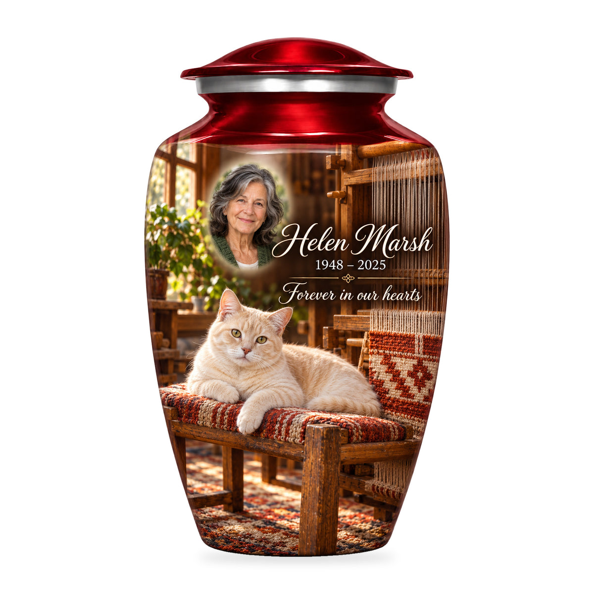 Red adult Loomside Afternoon cat urn with fictional sample portrait, name and years, shown on white.