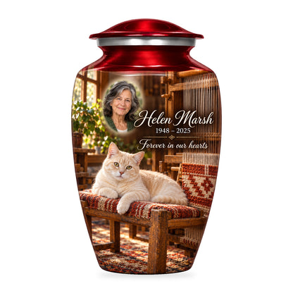Red adult Loomside Afternoon cat urn with fictional sample portrait, name and years, shown on white.