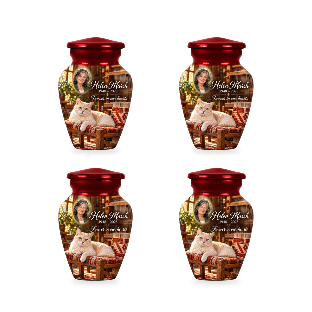 Four matching ringless Loomside Afternoon cat keepsake urns with fictional sample personalization.