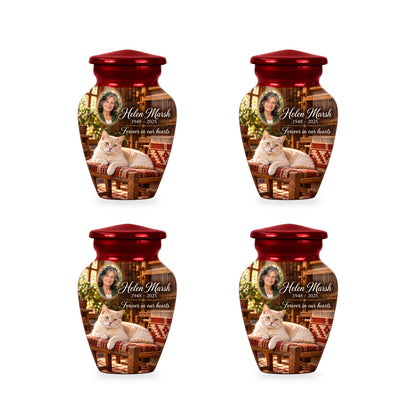 Four matching ringless Loomside Afternoon cat keepsake urns with fictional sample personalization.