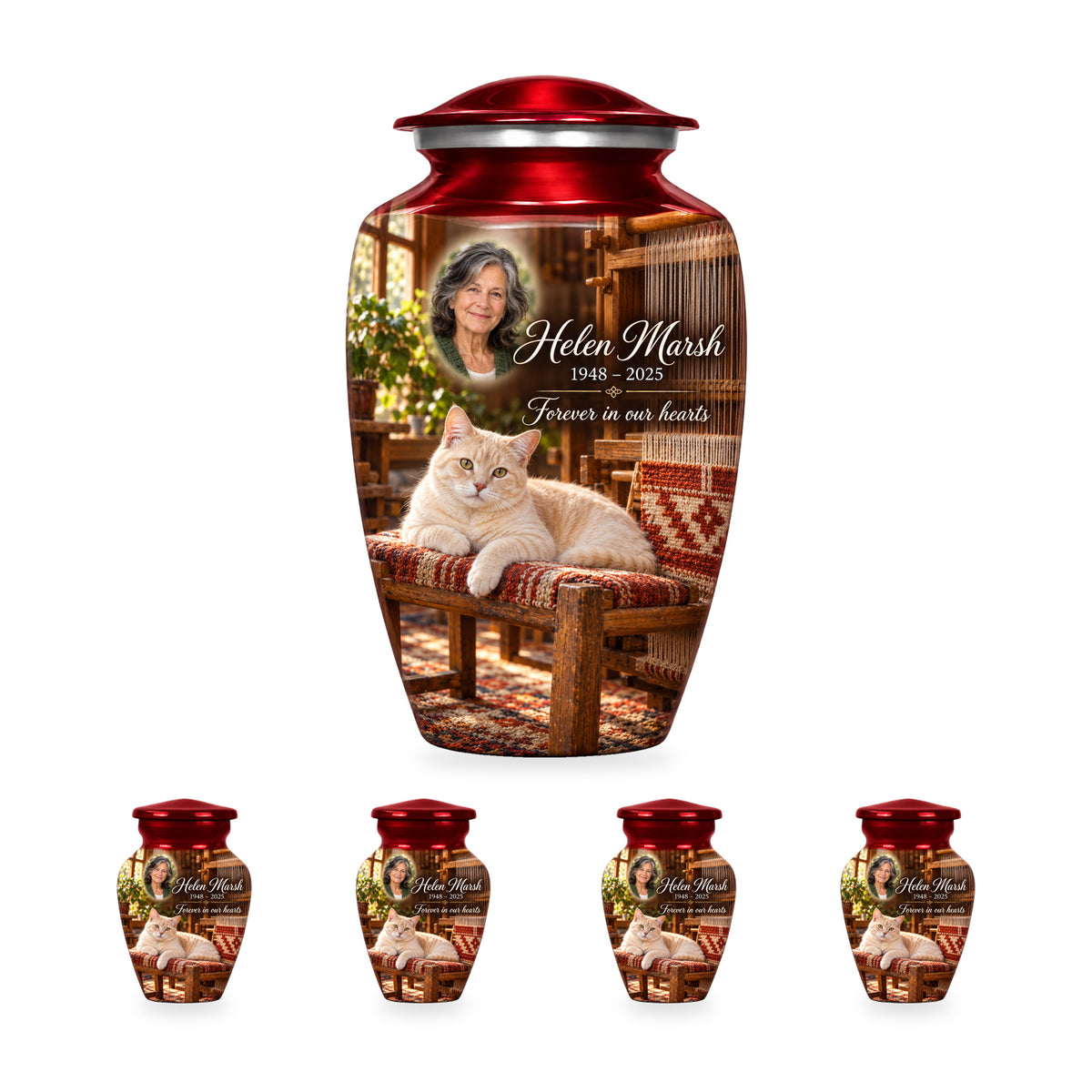 Loomside Afternoon adult cat urn with four matching ringless keepsakes; the selected package includes five urns.