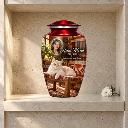 Loomside Afternoon adult cat urn in a styled columbarium display; decorative props are not included.