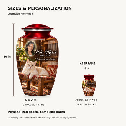Nominal dimensions: adult 10 inches high, 6 inches widest, 200 cubic inches; keepsake 3 inches high, approximately 1.5 inches wide, 3–5 cubic inches.