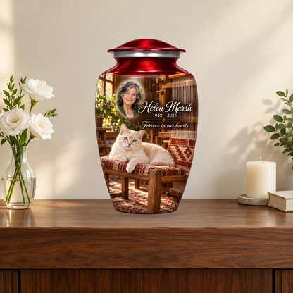 Loomside Afternoon personalized cat urn in a styled memorial display; decorative props are not included.