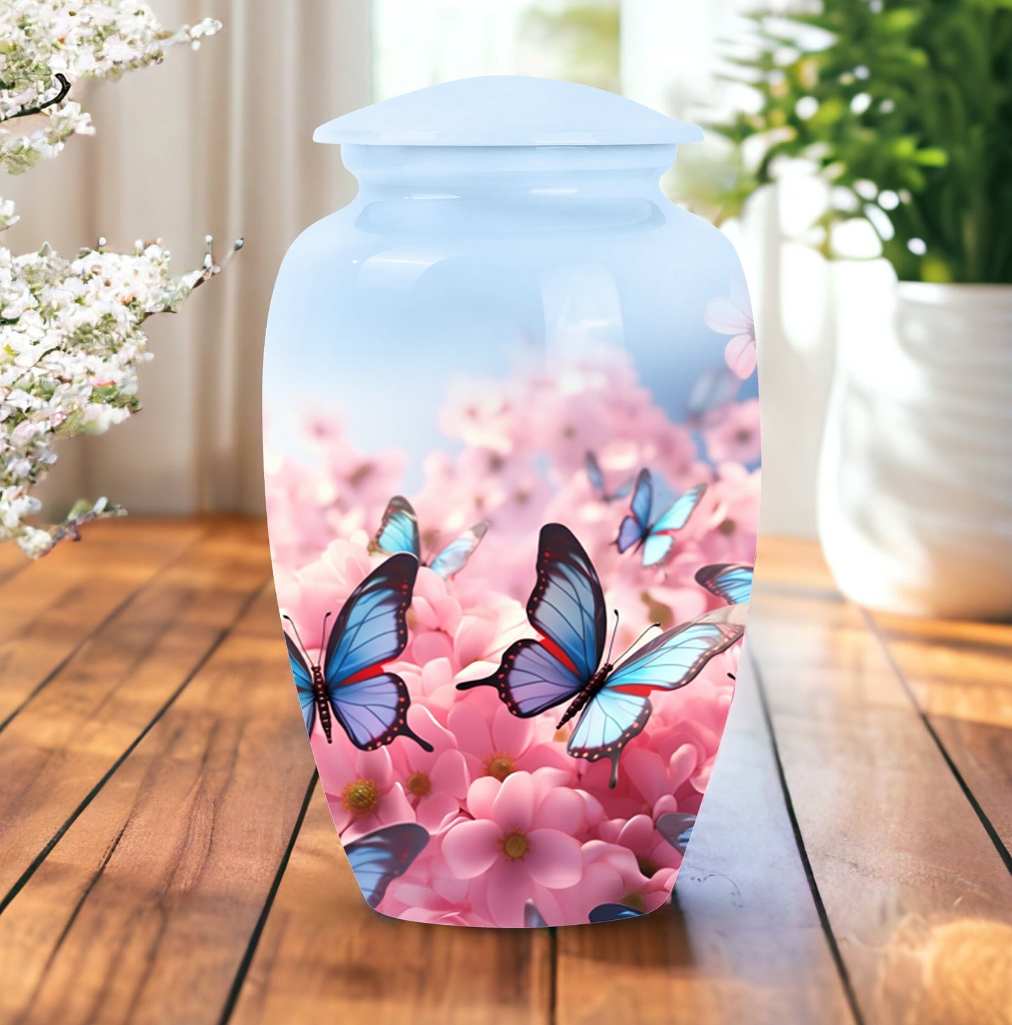 Blue Personalized Butterfly Cremation Urn for Women - 10-inch, 200 cu in - Yatskia