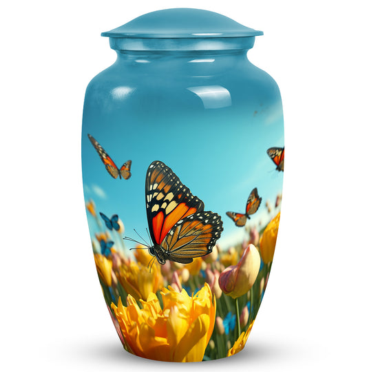 Yellow Flowers Monarch Butterfly Urn For Adult Human Ashes - A peaceful tribute