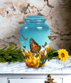 Yellow Flowers Monarch Butterfly Urn For Adult Human Ashes - A peaceful tribute