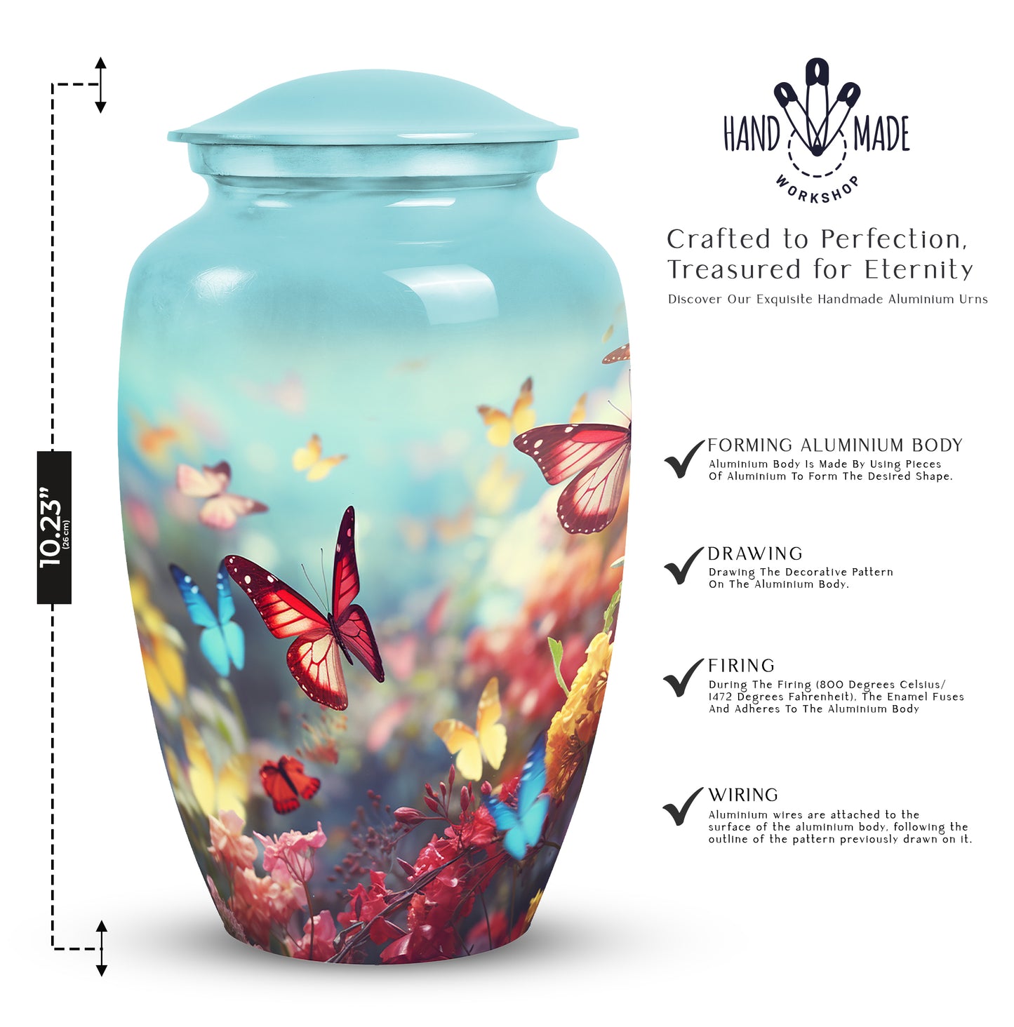 Colorful Personalized Butterfly Cremation Urn for Adult - 10-inch, 200 cu in - Yatskia