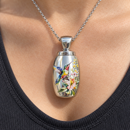Hummingbird Cremation Necklace for Ashes | Floral Memorial Pendant