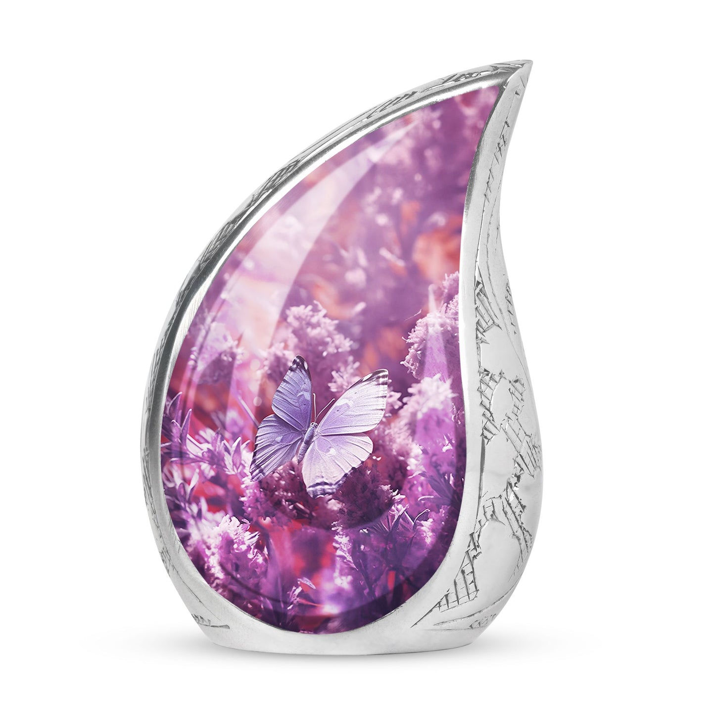Large urn for adult human ashes, featuring a purple butterfly on a purple meadow, suitable for burial purposes.