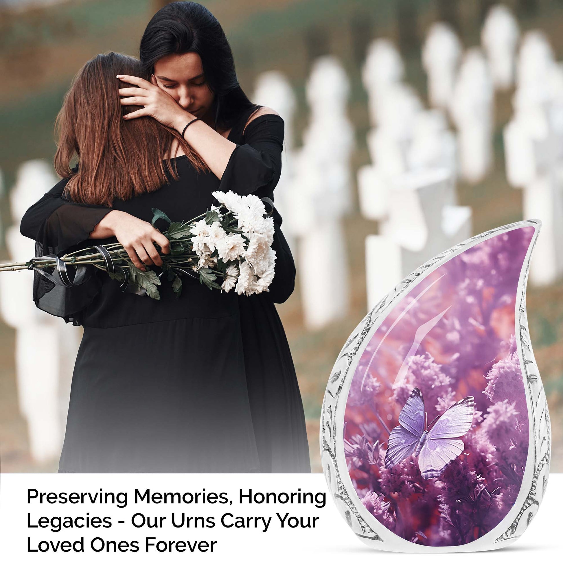Large urn for adult human ashes, featuring a purple butterfly on a purple meadow, suitable for burial purposes.