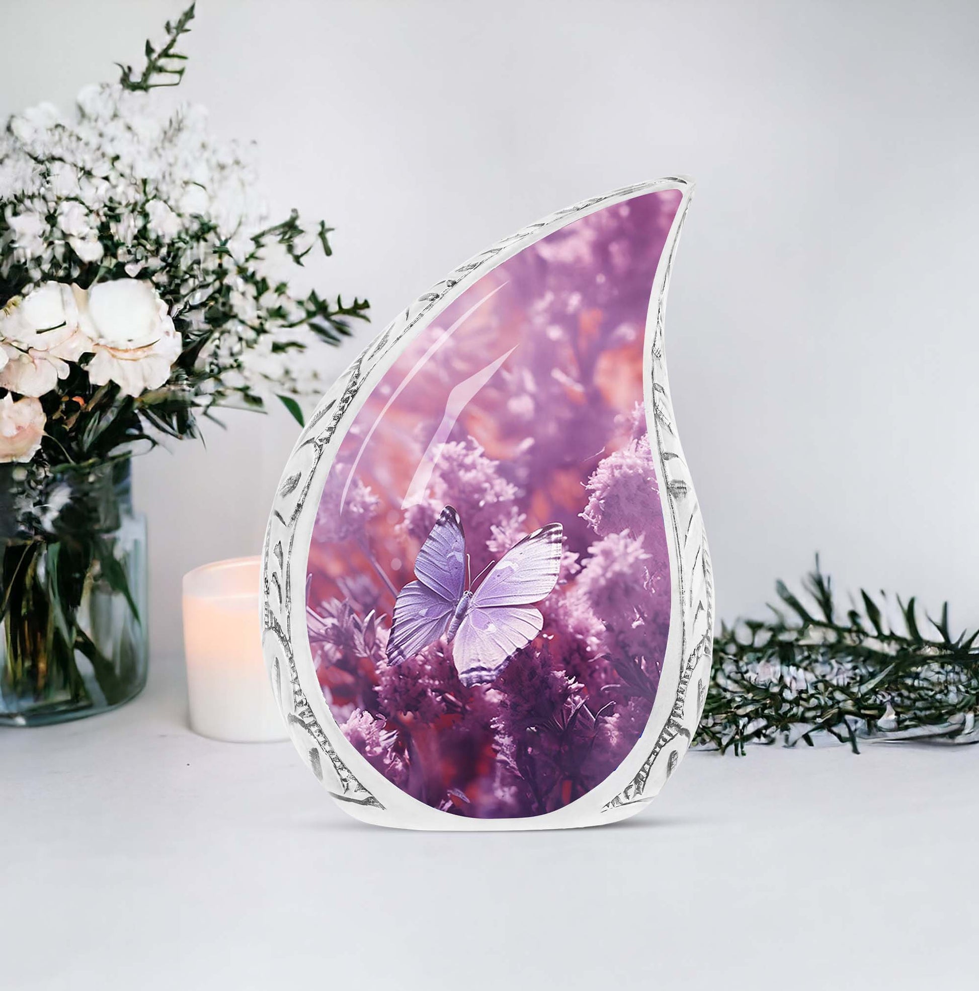 Large urn for adult human ashes, featuring a purple butterfly on a purple meadow, suitable for burial purposes.