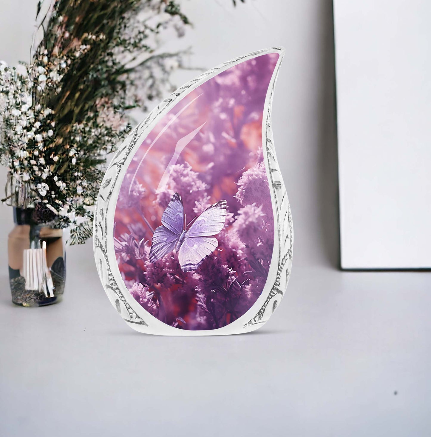 Large urn for adult human ashes, featuring a purple butterfly on a purple meadow, suitable for burial purposes.