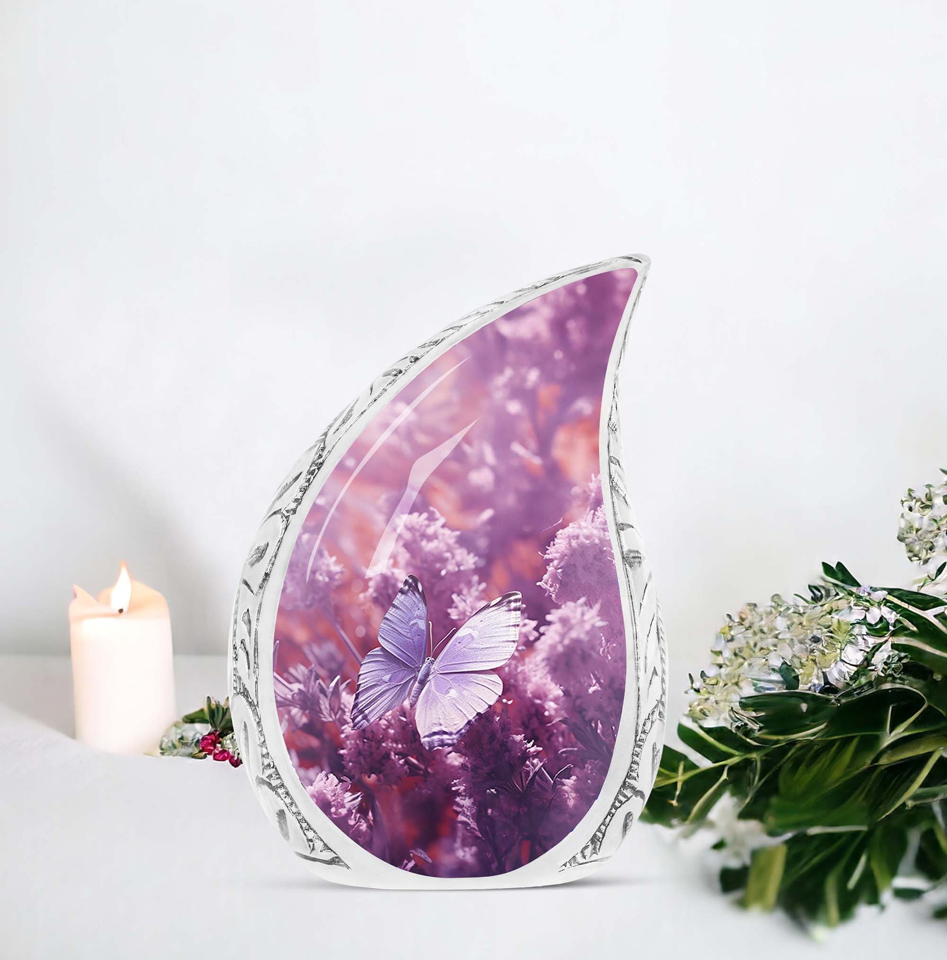 Large urn for adult human ashes, featuring a purple butterfly on a purple meadow, suitable for burial purposes.
