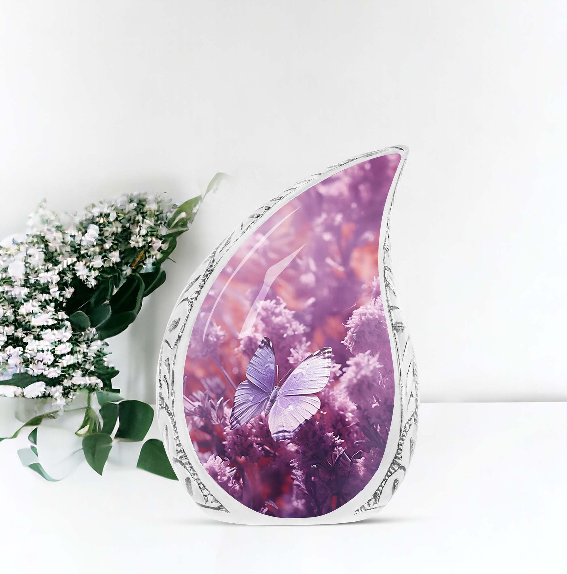 Large urn for adult human ashes, featuring a purple butterfly on a purple meadow, suitable for burial purposes.