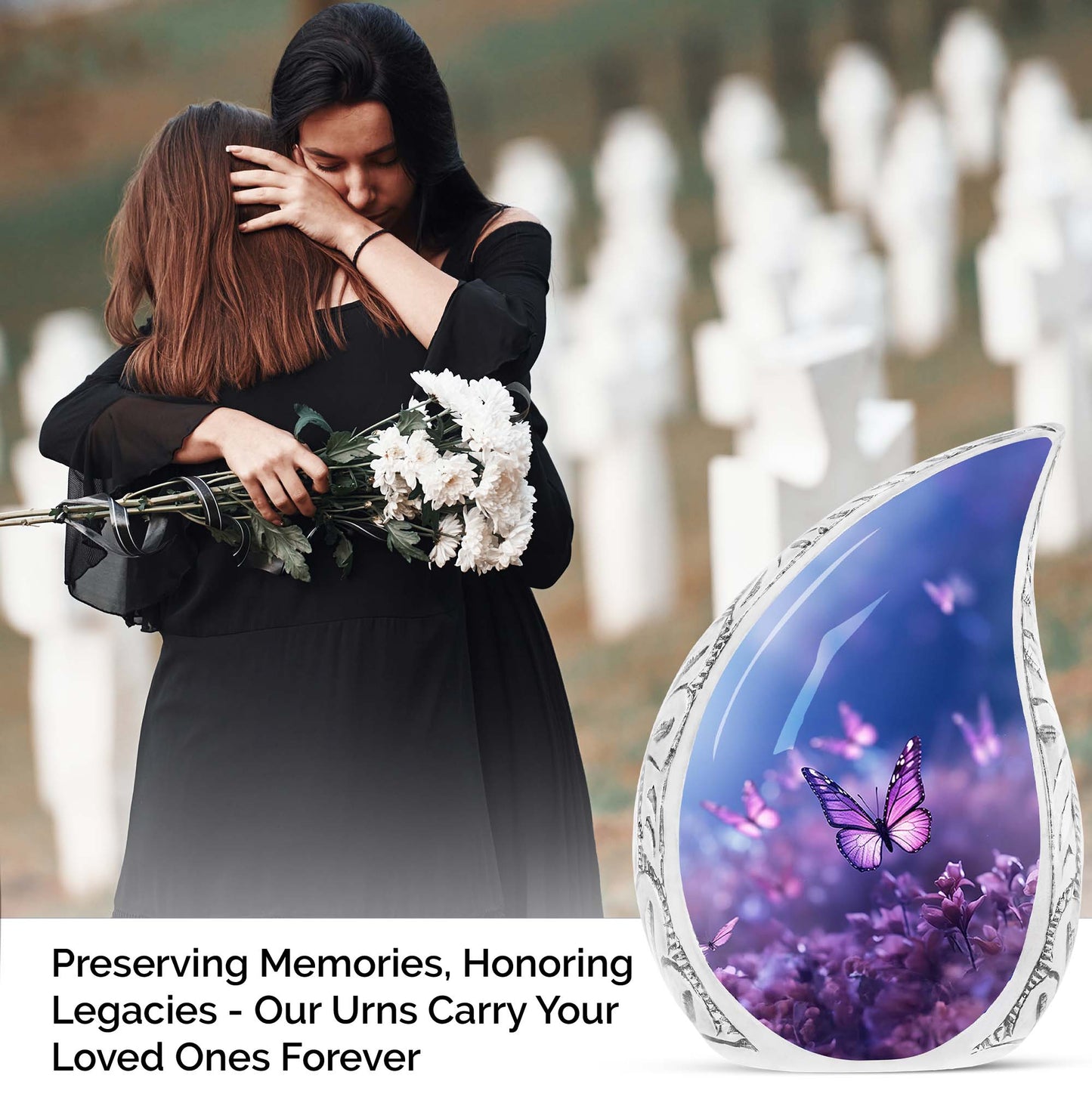 Large Butterfly urn with purple butterflies flying over a meadow design, ideal for adult female human ashes