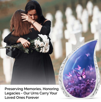 Large Butterfly urn with purple butterflies flying over a meadow design, ideal for adult female human ashes