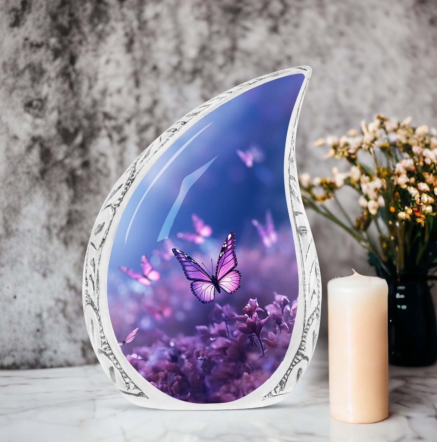 Large Butterfly urn with purple butterflies flying over a meadow design, ideal for adult female human ashes
