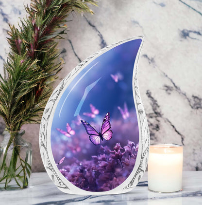 Large Butterfly urn with purple butterflies flying over a meadow design, ideal for adult female human ashes