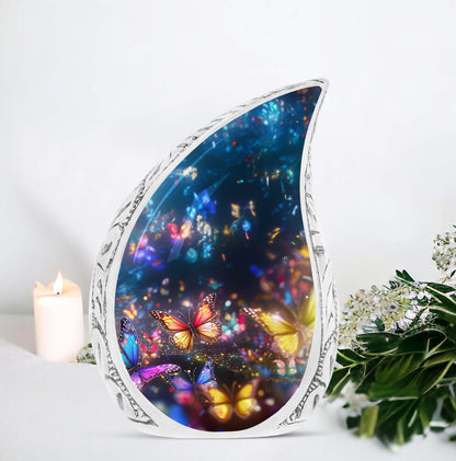 Large urn adorned with colorful butterflies in a magical forest, ideal for adult female ashes burial or cremation