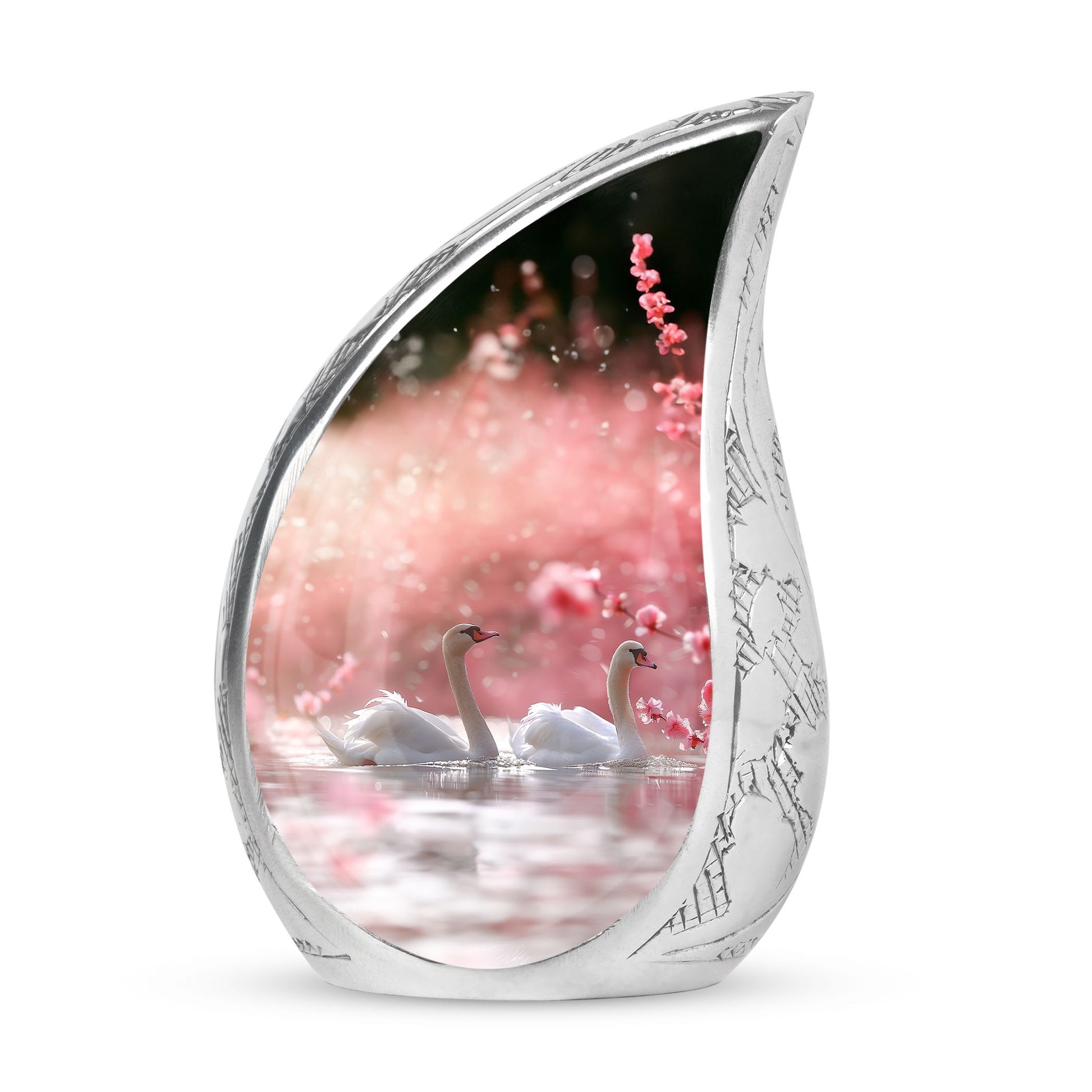 Elegant White Swan Urn – Pink Cherry Blossom Design For Human Ashes