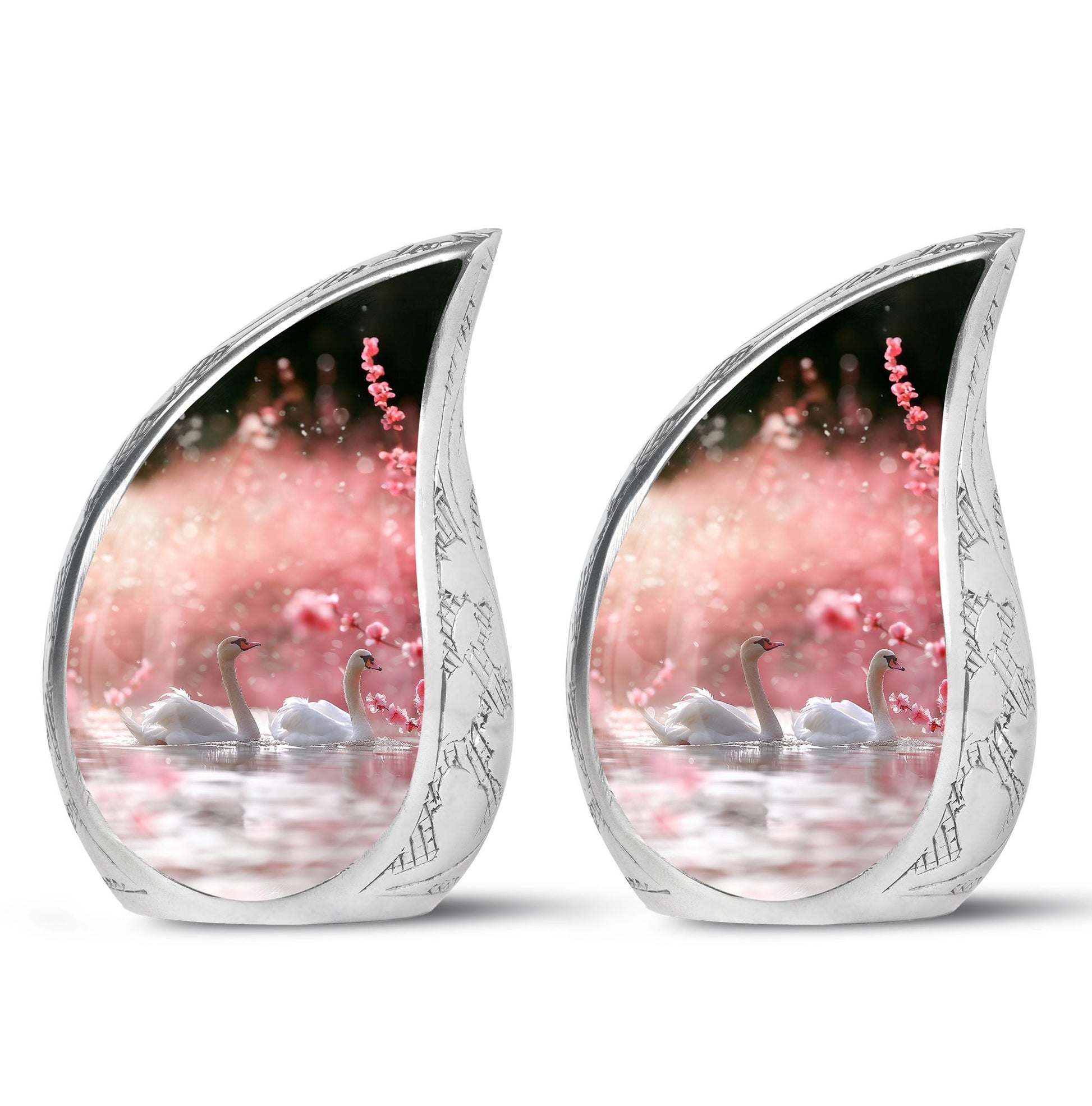 Elegant White Swan Urn – Pink Cherry Blossom Design For Human Ashes
