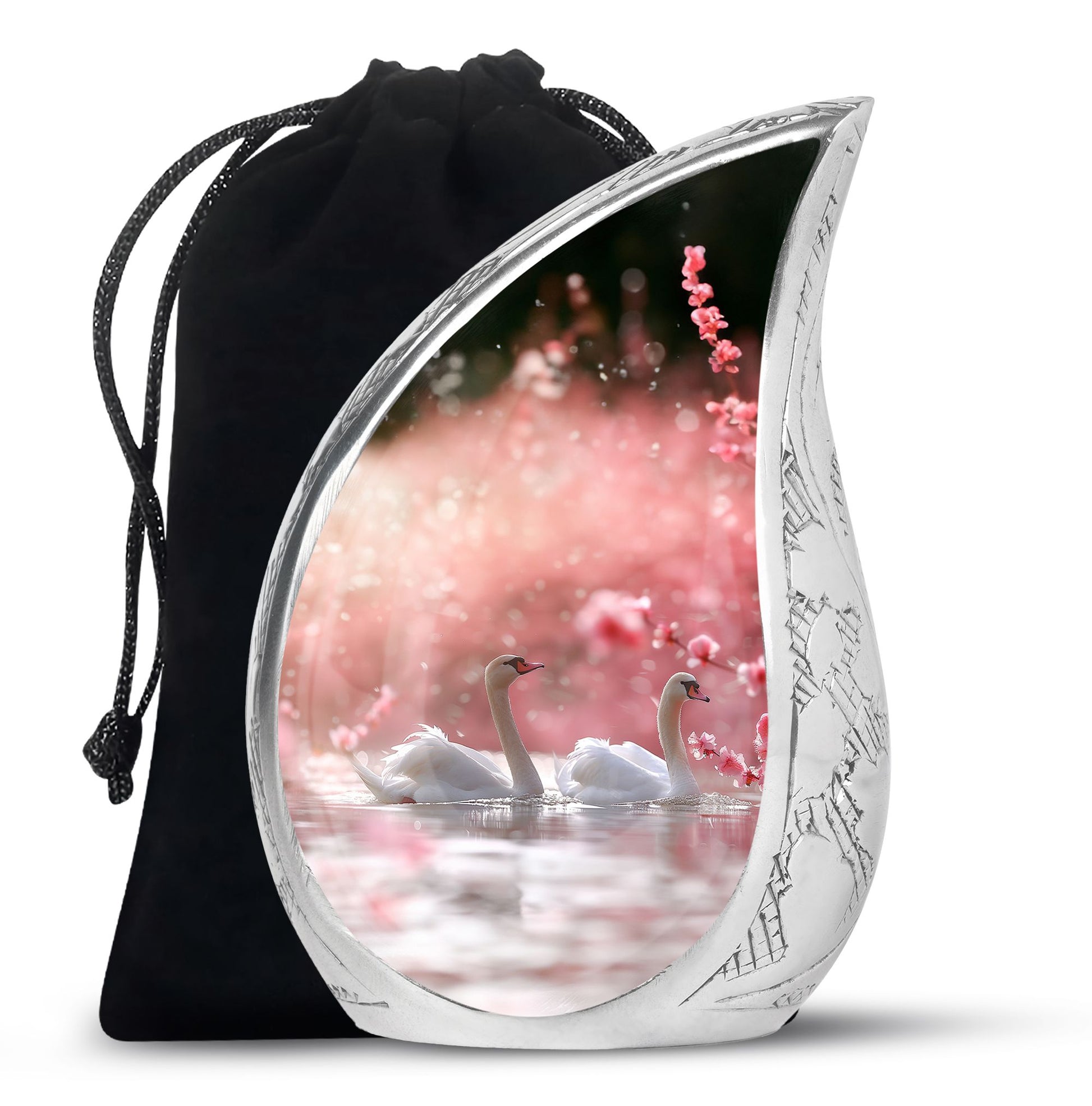 Elegant White Swan Urn – Pink Cherry Blossom Design For Human Ashes