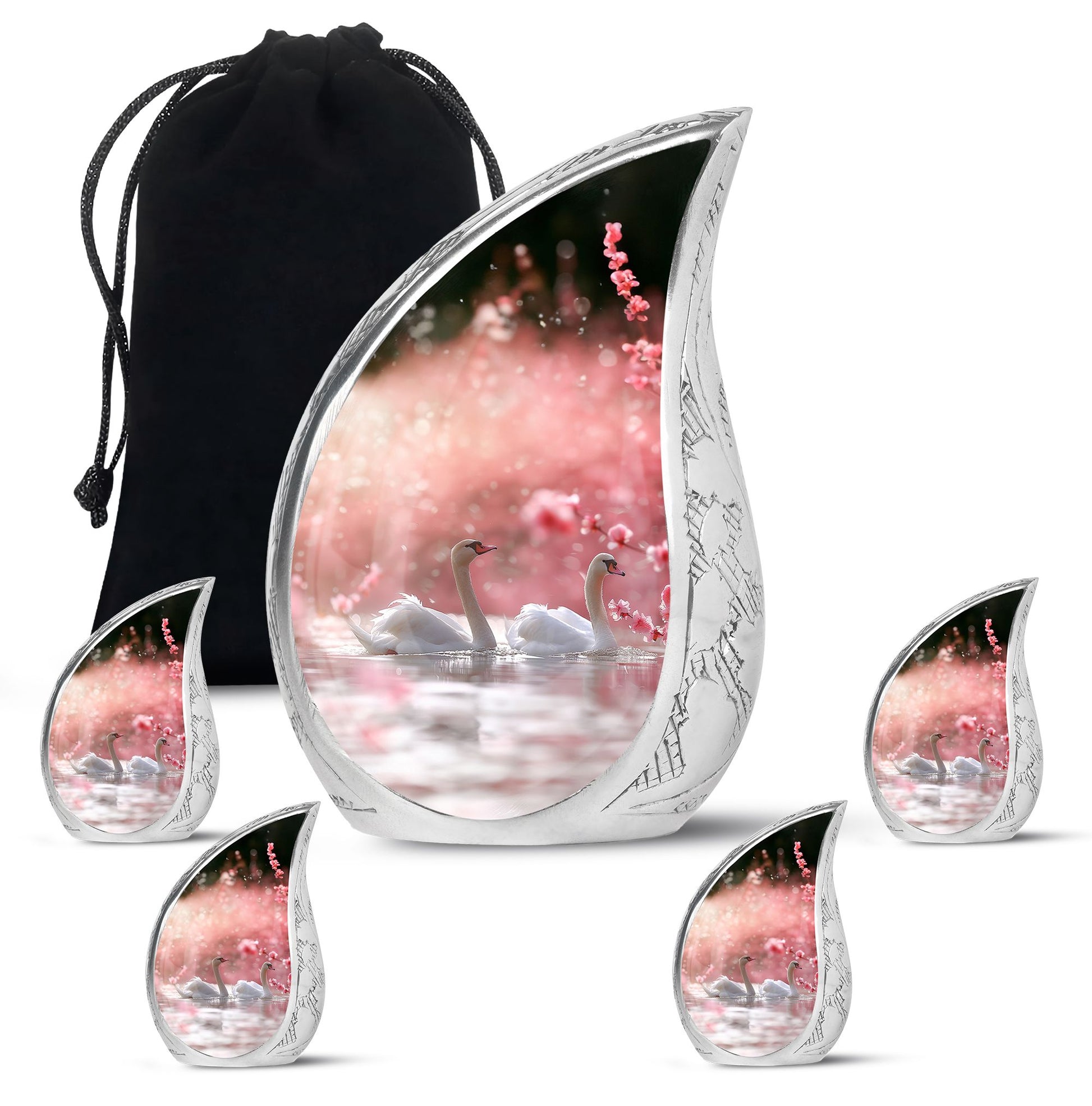 Elegant White Swan Urn – Pink Cherry Blossom Design For Human Ashes