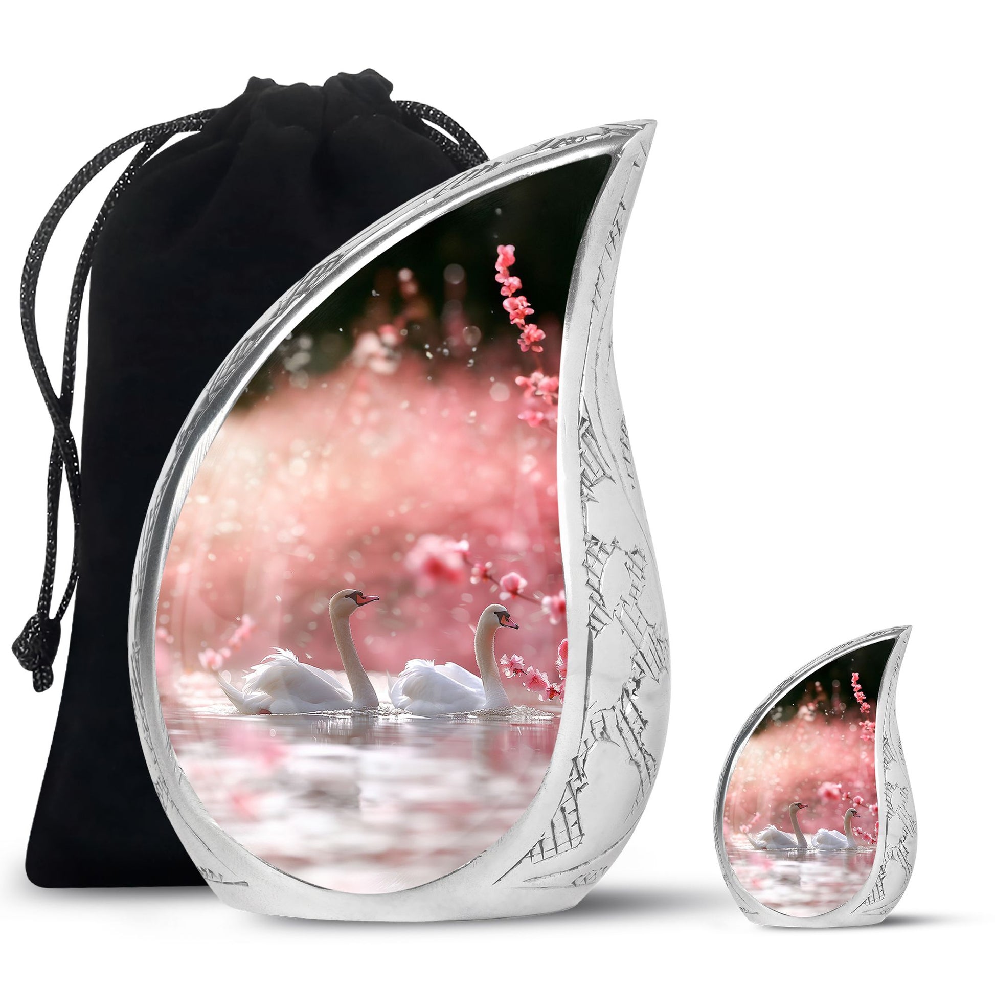 Elegant White Swan Urn – Pink Cherry Blossom Design For Human Ashes