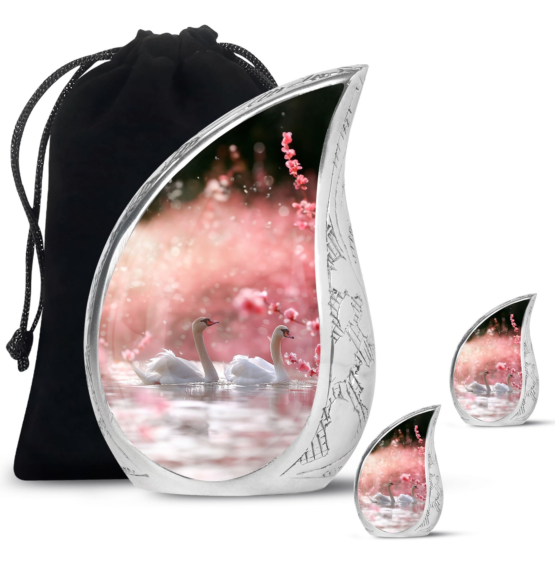 Elegant White Swan Urn – Pink Cherry Blossom Design For Human Ashes