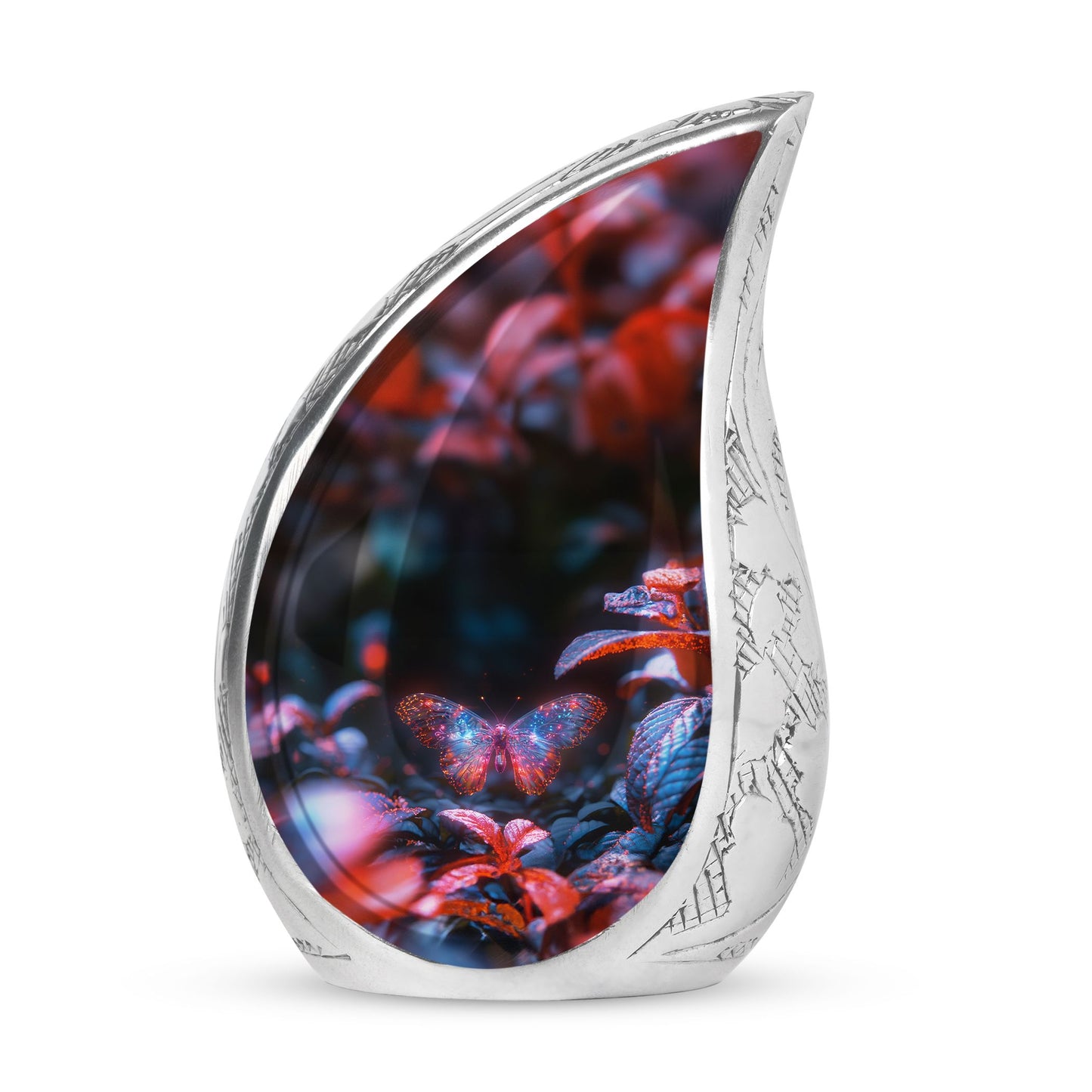 Butterfly Urn for Human Ashes, Sparkly Purple Wings Among Red Leaves, Black Gloss Urn
