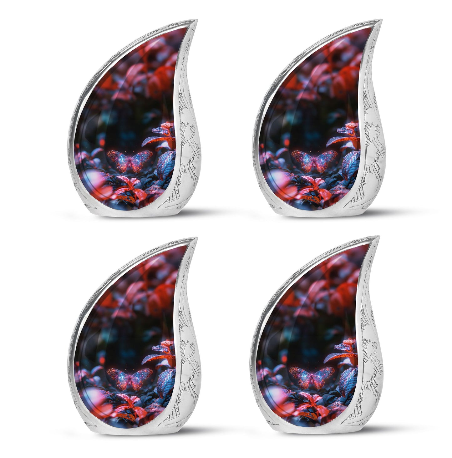 Butterfly Urn for Human Ashes, Sparkly Purple Wings Among Red Leaves, Black Gloss Urn