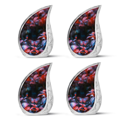 Butterfly Urn for Human Ashes, Sparkly Purple Wings Among Red Leaves, Black Gloss Urn