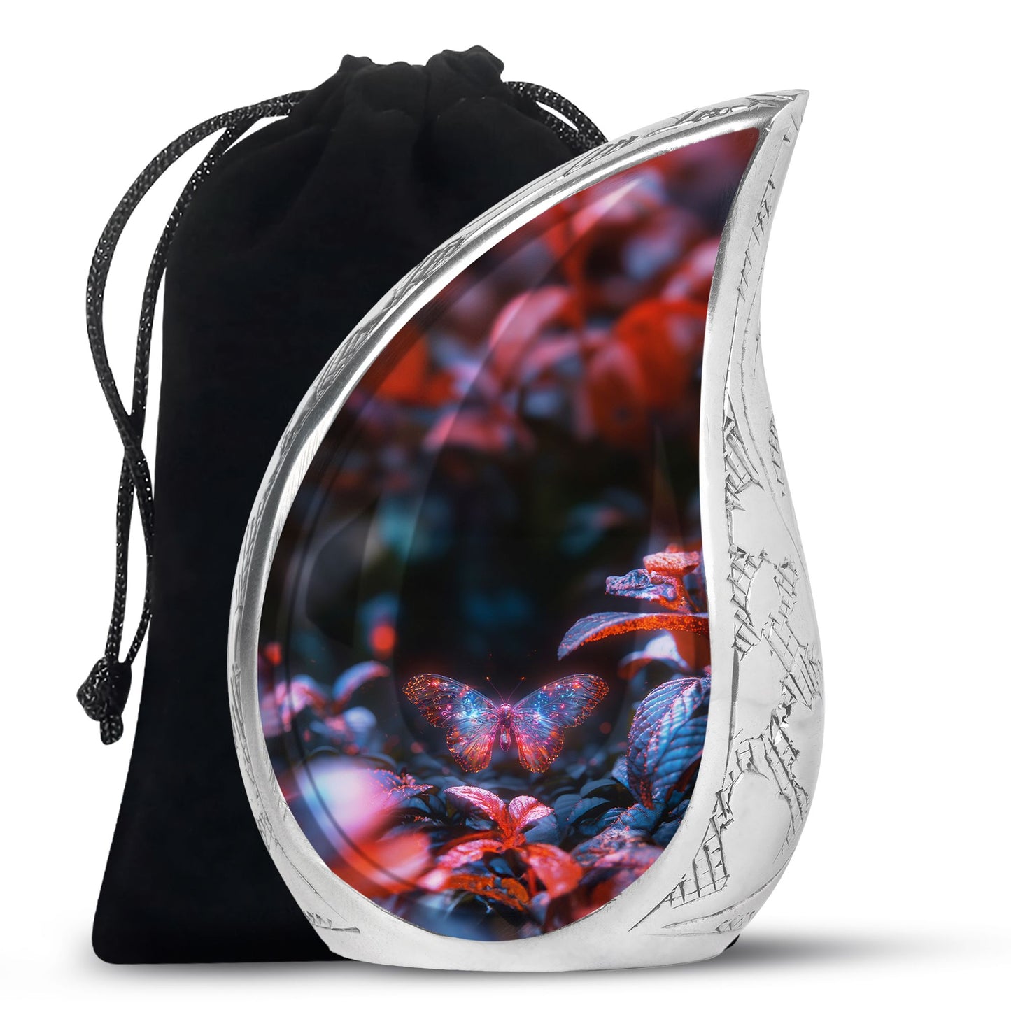 Butterfly Urn for Human Ashes, Sparkly Purple Wings Among Red Leaves, Black Gloss Urn