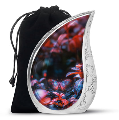 Butterfly Urn for Human Ashes, Sparkly Purple Wings Among Red Leaves, Black Gloss Urn