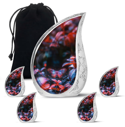 Butterfly Urn for Human Ashes, Sparkly Purple Wings Among Red Leaves, Black Gloss Urn