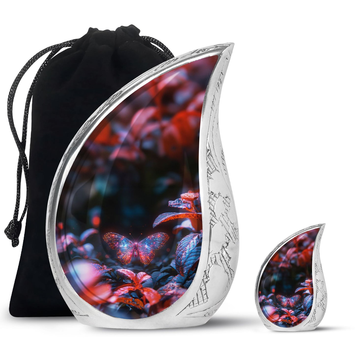 Butterfly Urn for Human Ashes, Sparkly Purple Wings Among Red Leaves, Black Gloss Urn