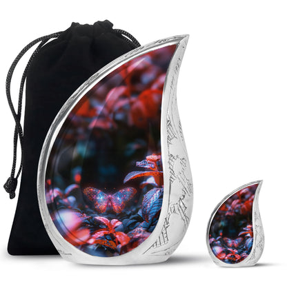 Butterfly Urn for Human Ashes, Sparkly Purple Wings Among Red Leaves, Black Gloss Urn