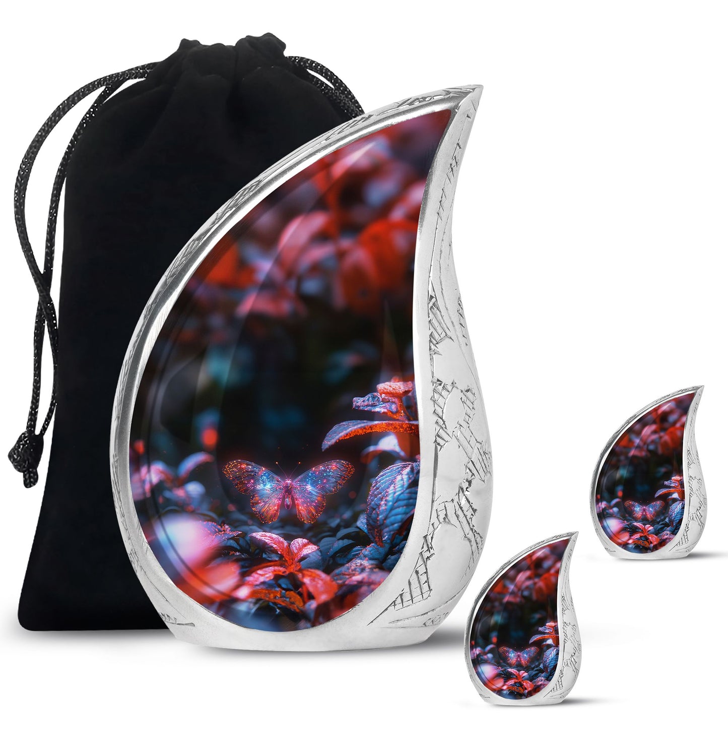 Butterfly Urn for Human Ashes, Sparkly Purple Wings Among Red Leaves, Black Gloss Urn