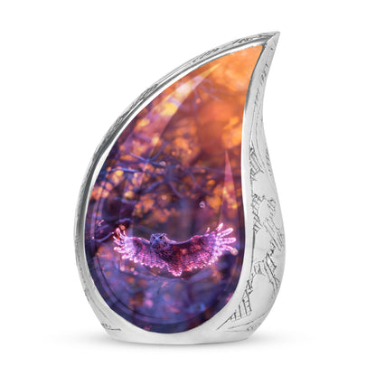 Owl Urn for Human Ashes, With Spread Purple Glowing Wings, Cremation Urn