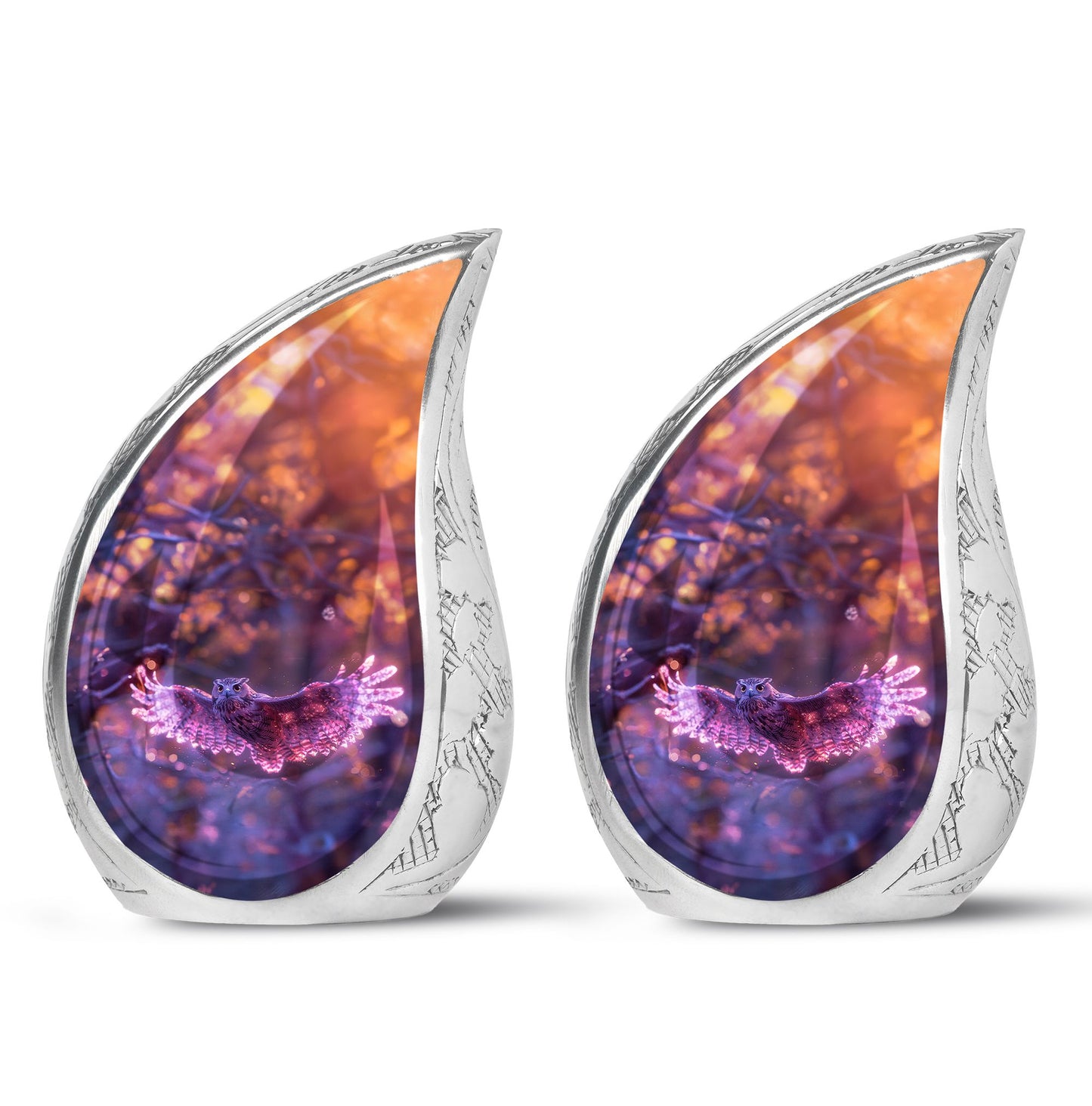 Owl Urn for Human Ashes, With Spread Purple Glowing Wings, Cremation Urn