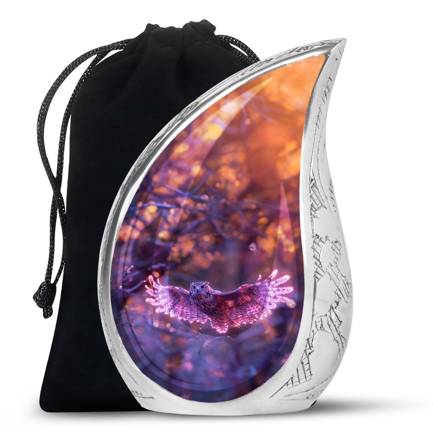 Owl Urn for Human Ashes, With Spread Purple Glowing Wings, Cremation Urn
