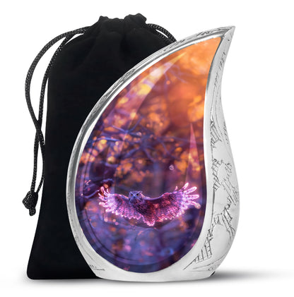 Owl Urn for Human Ashes, With Spread Purple Glowing Wings, Cremation Urn