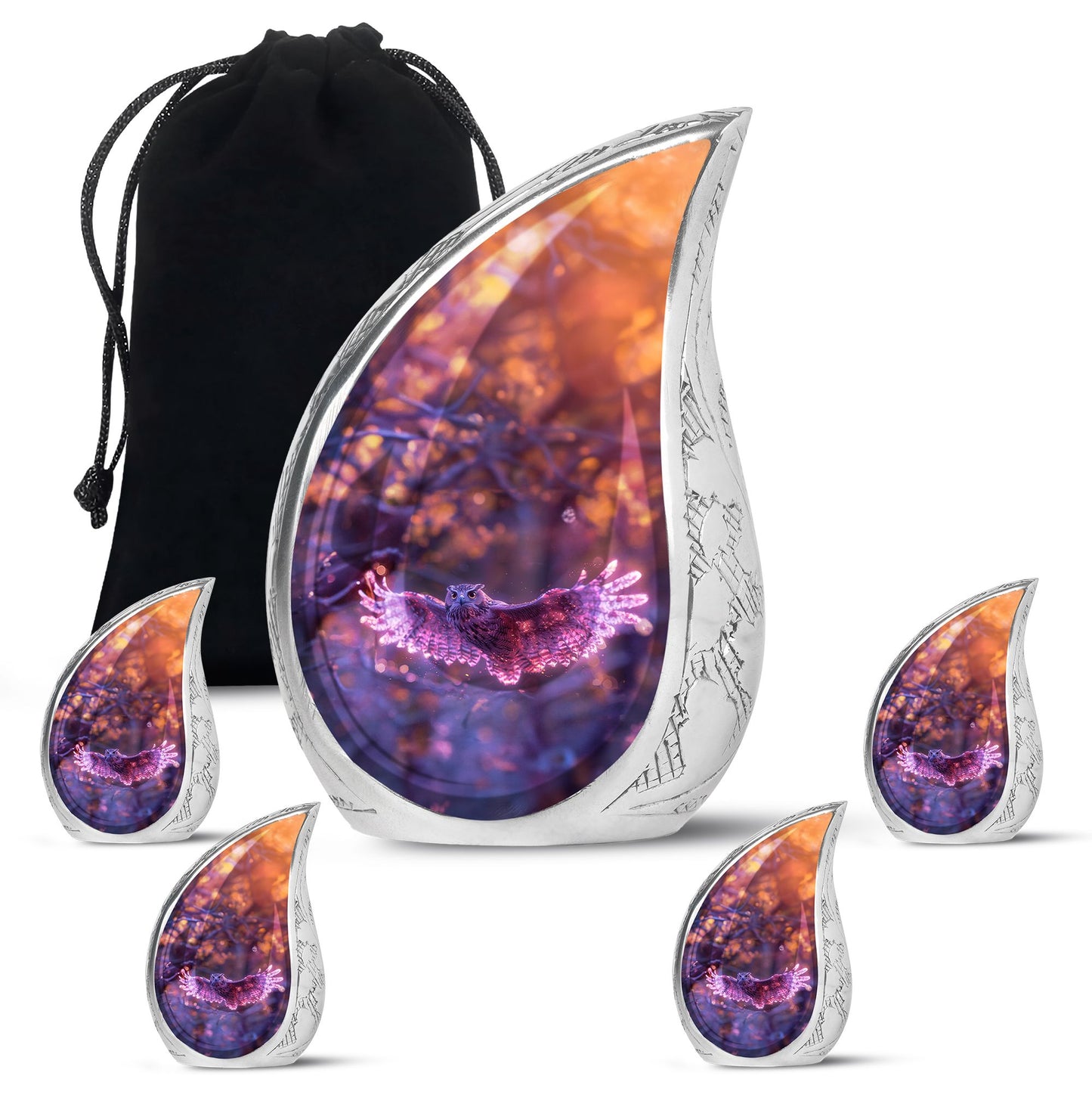 Owl Urn for Human Ashes, With Spread Purple Glowing Wings, Cremation Urn