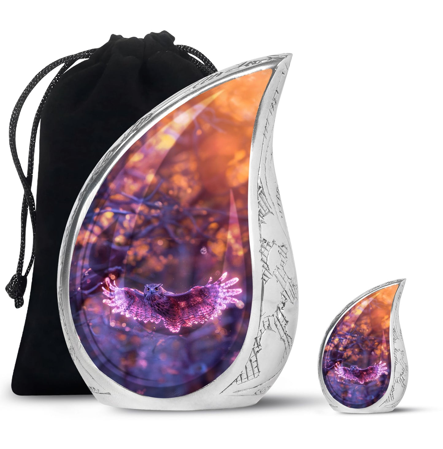 Owl Urn for Human Ashes, With Spread Purple Glowing Wings, Cremation Urn