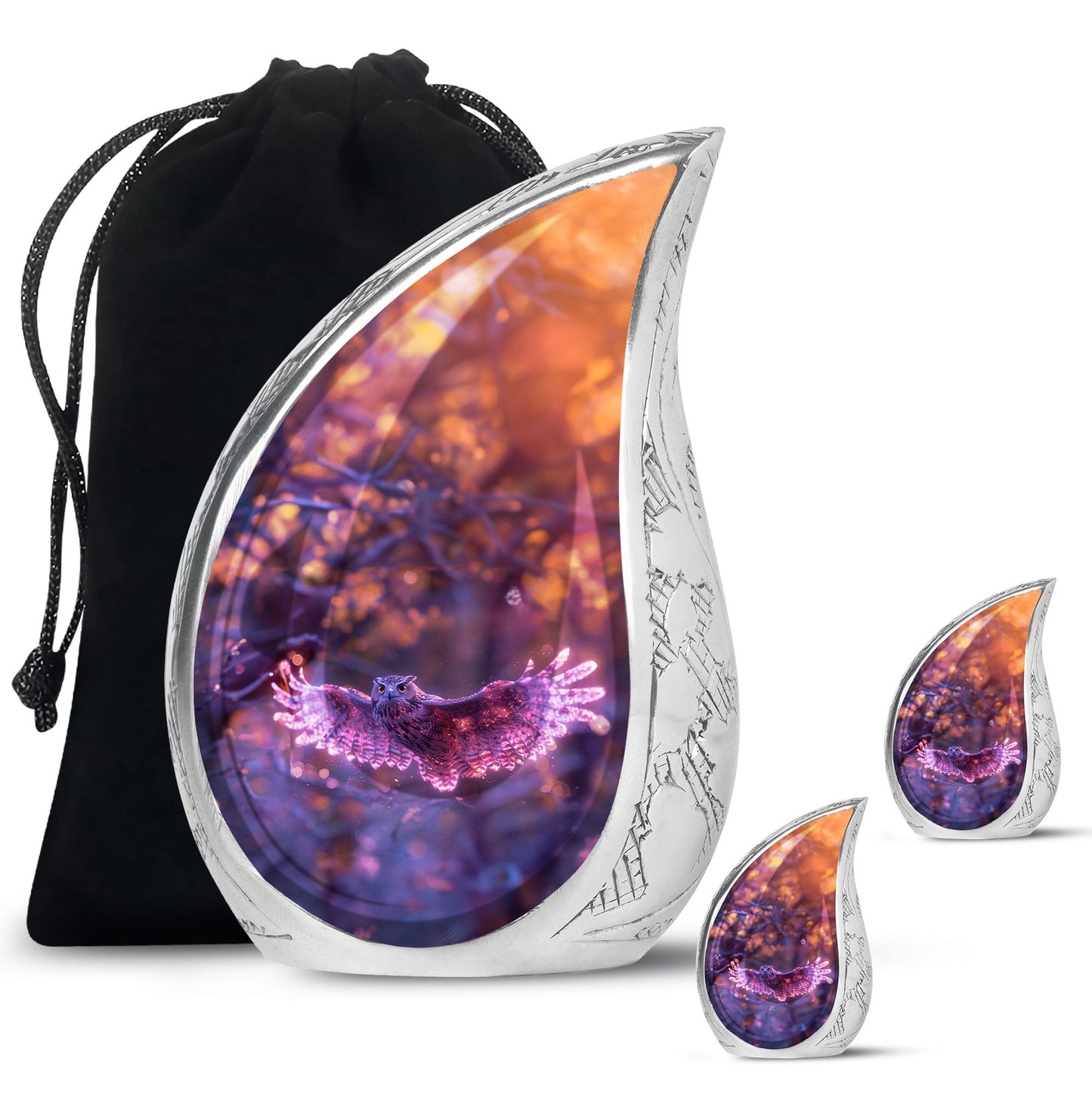 Owl Urn for Human Ashes, With Spread Purple Glowing Wings, Cremation Urn