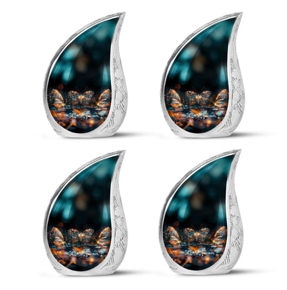 Butterfly Urn for Human Ashes, Glowing Gold Wings with Sparkle Particles, Black Gloss Urn