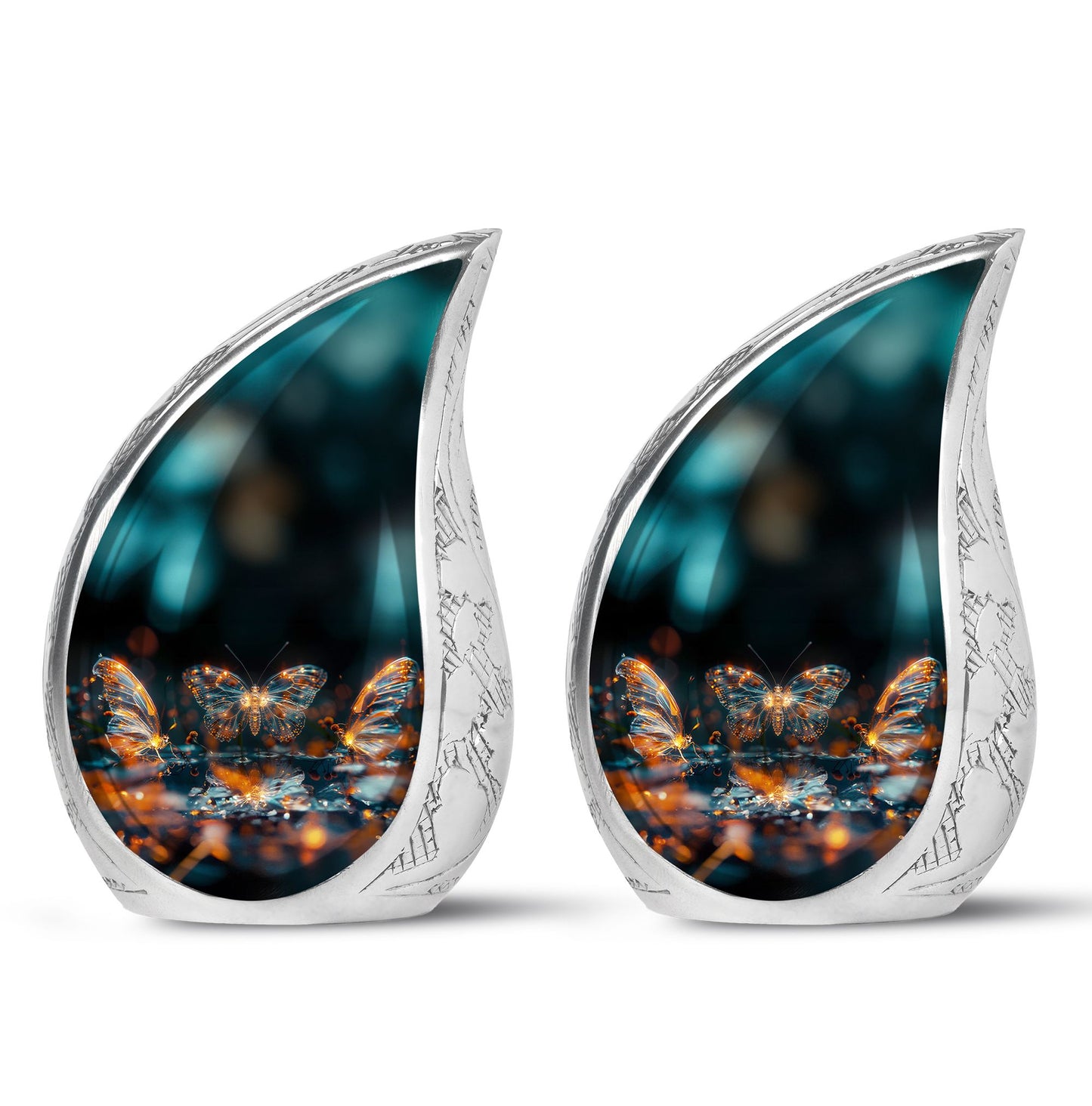 Butterfly Urn for Human Ashes, Glowing Gold Wings with Sparkle Particles, Black Gloss Urn