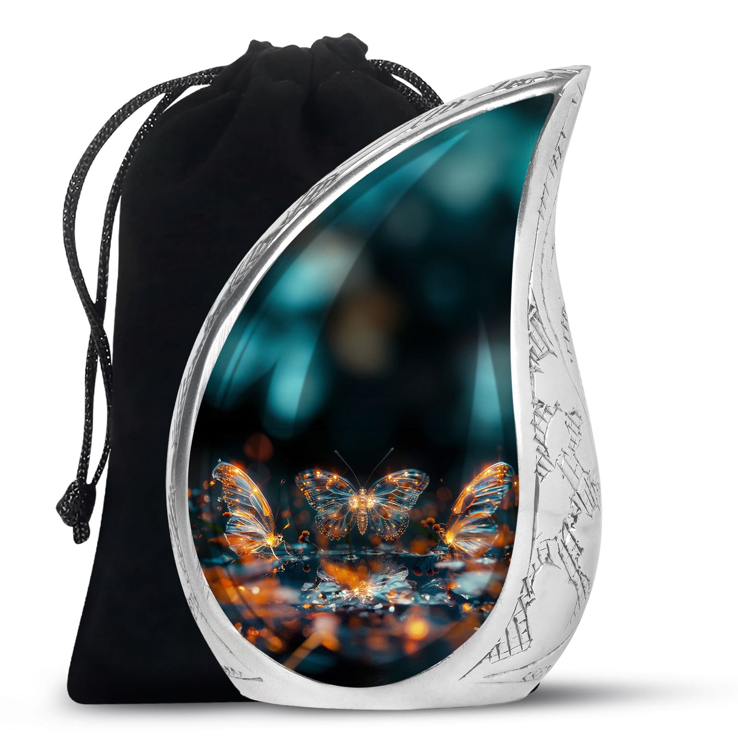 Butterfly Urn for Human Ashes, Glowing Gold Wings with Sparkle Particles, Black Gloss Urn